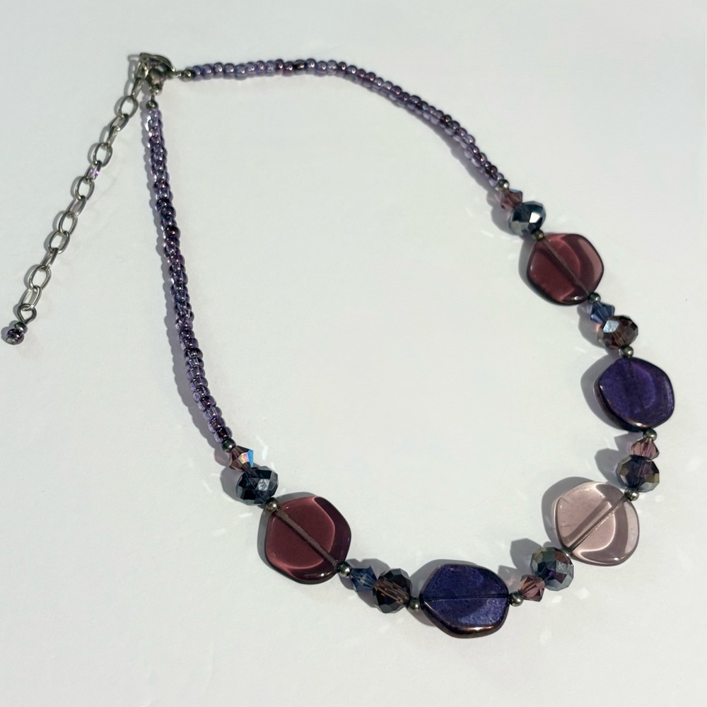Handcrafted Pink Purple Glass Iridescent Faceted Beaded Necklace